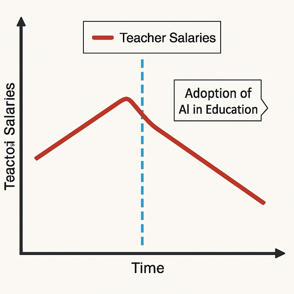 A graph or chart showcasing changes in teacher salaries in relation to the adoption of AI in education. Graph showing teacher salary trends and AI integration in education.