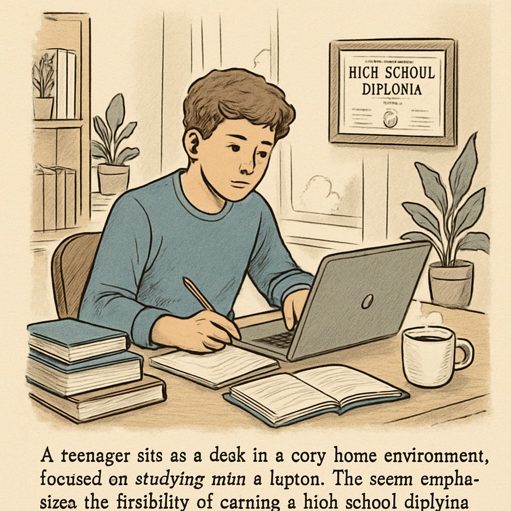A teenager studying online at home, representing the flexibility of earning a high school diploma through online programs. Online education flexibility for high school diploma programs