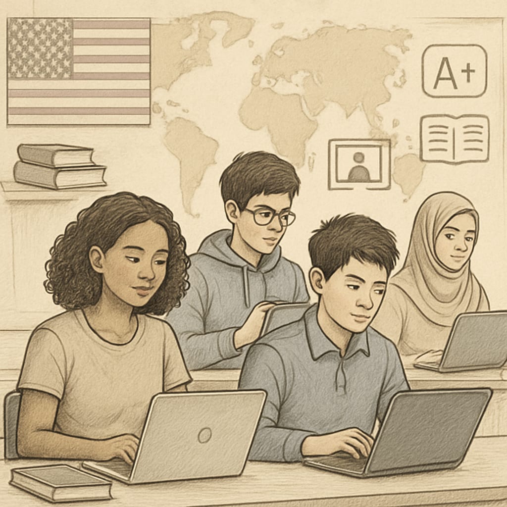 A diverse group of students studying online, representing global accessibility to U.S. high school education. Online high school diploma accessibility for global students