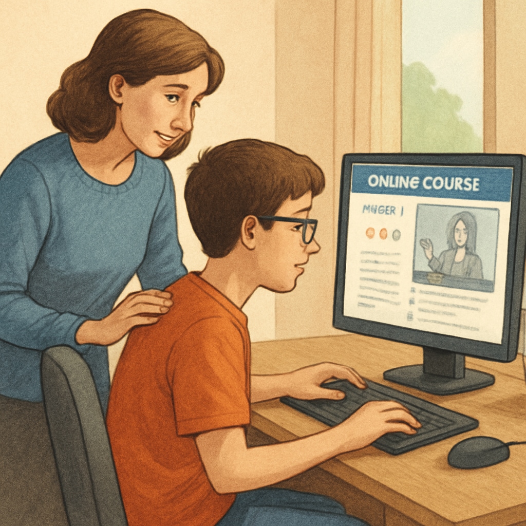 A parent assisting their child with an online course module, illustrating the importance of family support in the dual enrollment program. A parent and child working together on an ASU online course module.