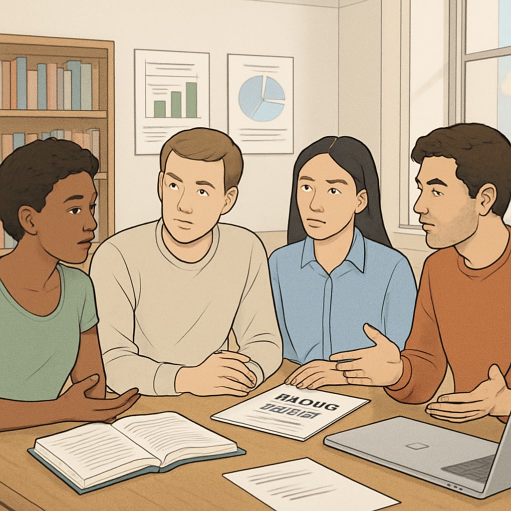 A diverse group of students discussing financial aid options in a university setting. Students exploring financial aid solutions, addressing challenges faced by migrant students.