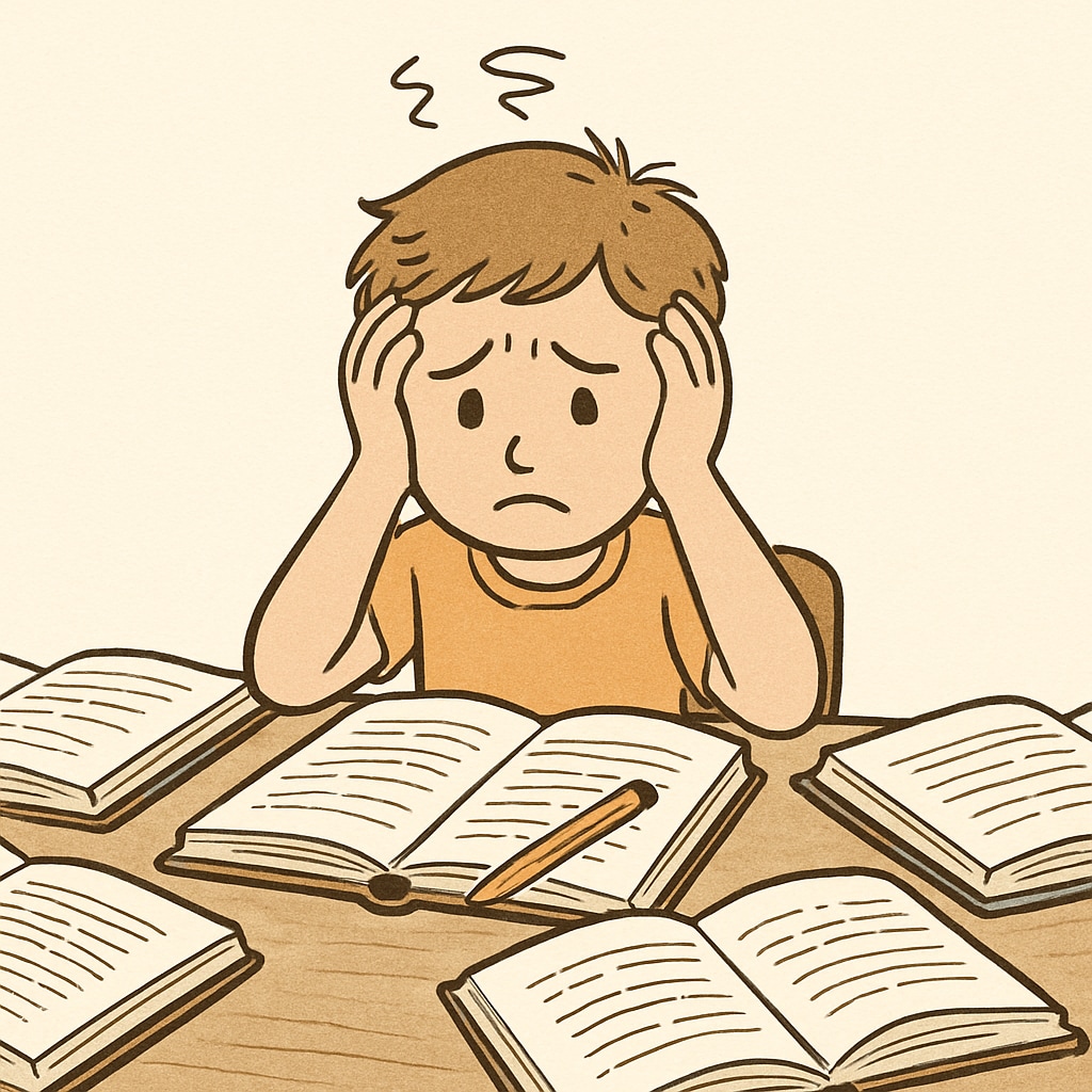 Overwhelmed first grader facing academic pressure, illustrating challenges.