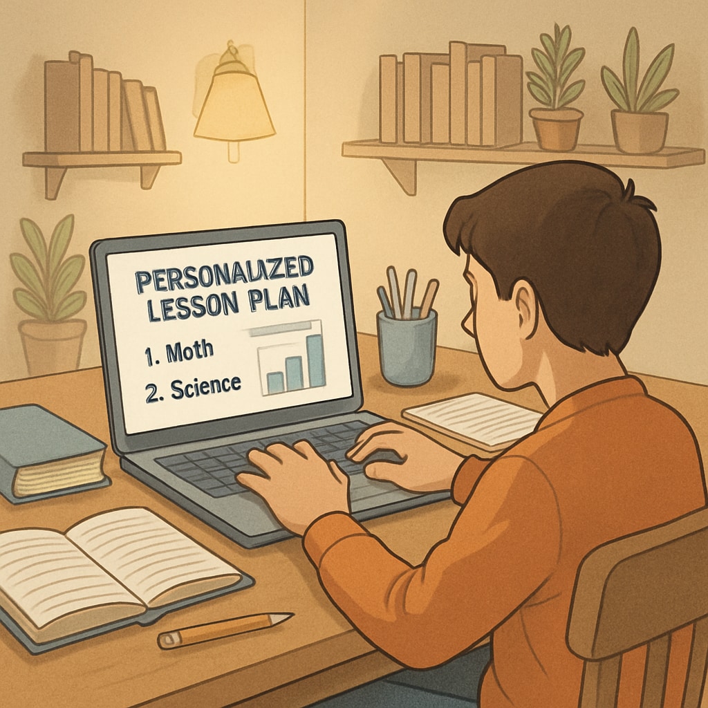 A student working on a personalized lesson plan on a laptop in a cozy home environment. Student studying on a laptop in a personalized online public school setting.