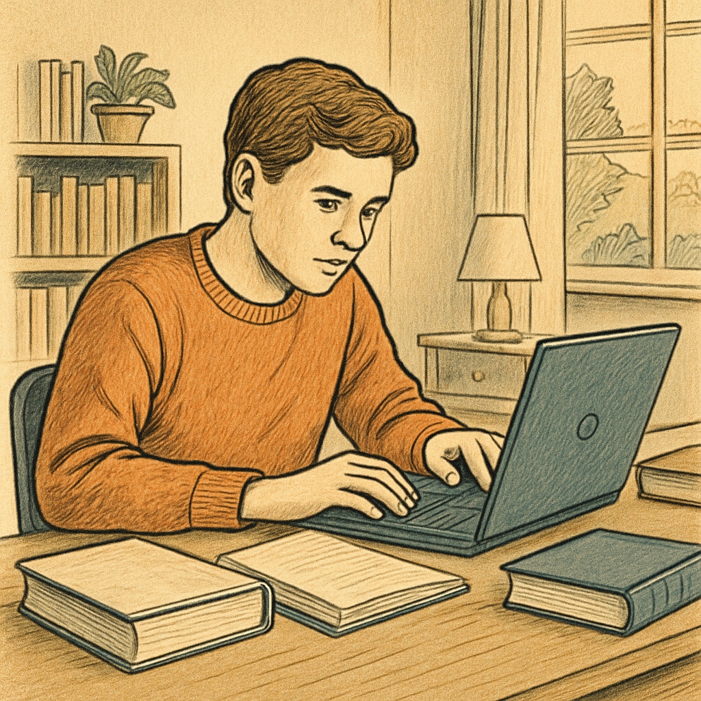A student studying on a laptop at home, representing the flexibility of public online schools. A child engaged in online learning at home, symbolizing public online schools.