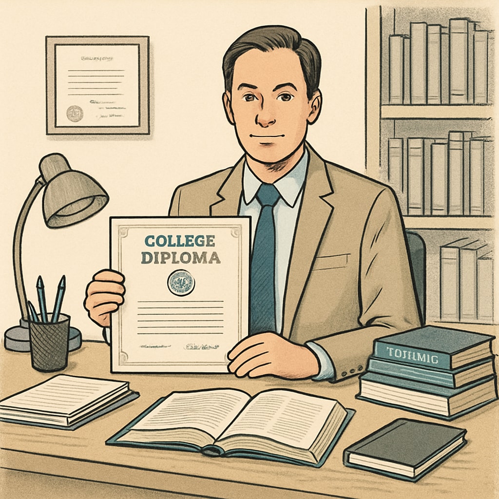 A professional working at a desk holding a college diploma, symbolizing education credentials in the workforce. A professional with a college diploma, representing education and employment connections.