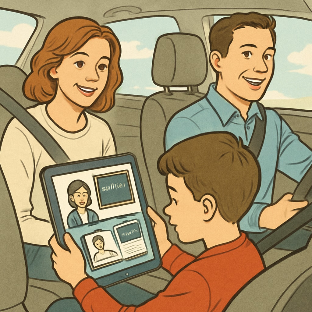A family traveling together while the child attends an online class using a tablet. Child attending an online public school class while traveling with family.