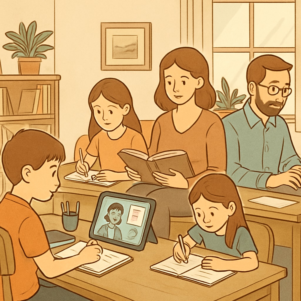 A family working together at home, with a child attending an online class on a tablet. A family-centered learning environment, showcasing the flexibility of public online schools.