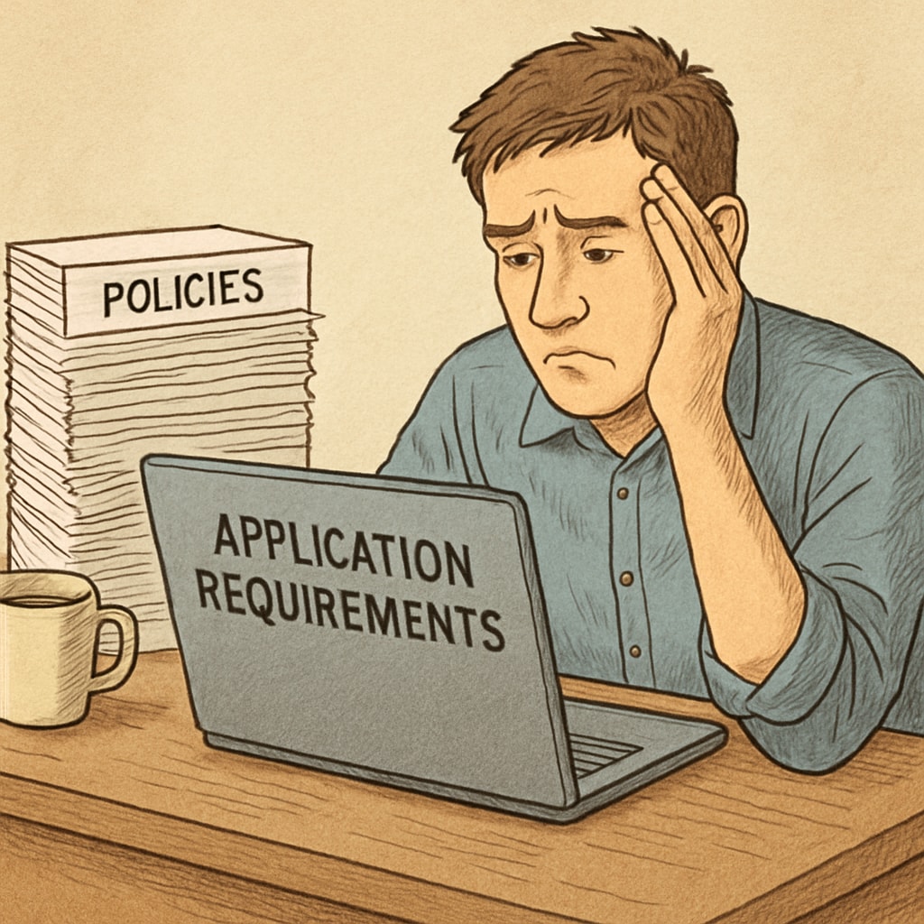 A frustrated job seeker reviewing application requirements on a laptop, highlighting the challenges of employment policies. A job seeker facing challenges due to employment policies requiring specific educational credentials.