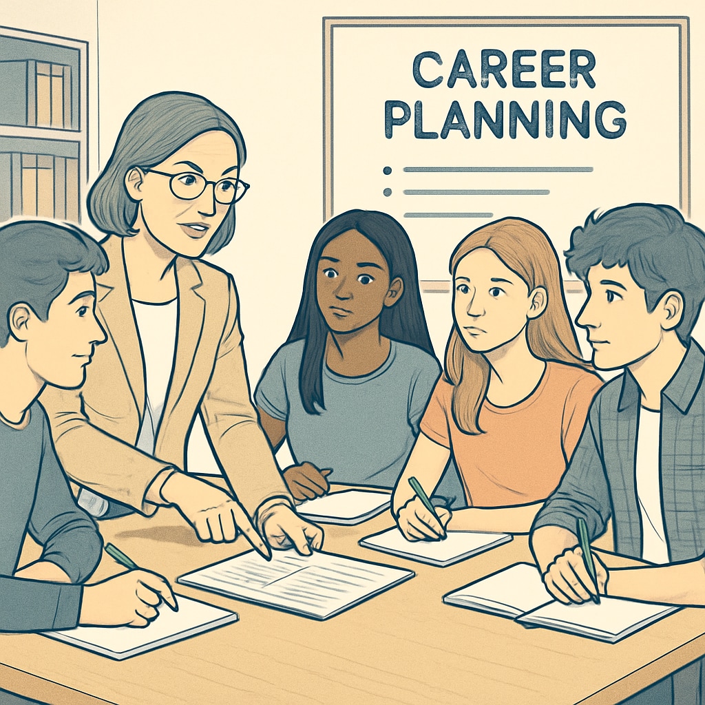 A group of high school students discussing career options with a counselor, emphasizing the importance of career planning during the college application process. High school students discussing college major selection and career goals with a counselor.