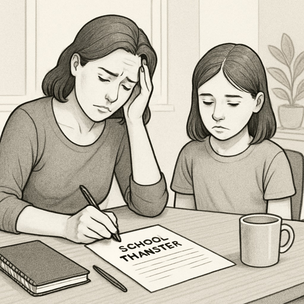 A mother and daughter sitting at a table, filling out school transfer paperwork. The mother looks stressed, while the daughter appears withdrawn. A stressed parent and SEN child working on school transfer forms, highlighting challenges.