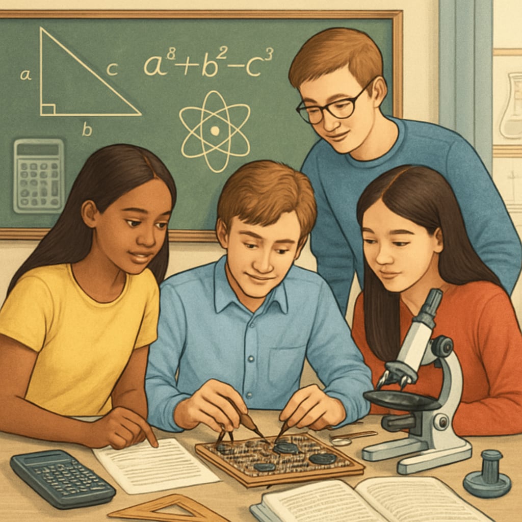 A group of high school students working together on a STEM project, symbolizing collaboration and exploration in math and science. High school students working on a STEM project, reflecting interest in math and science.