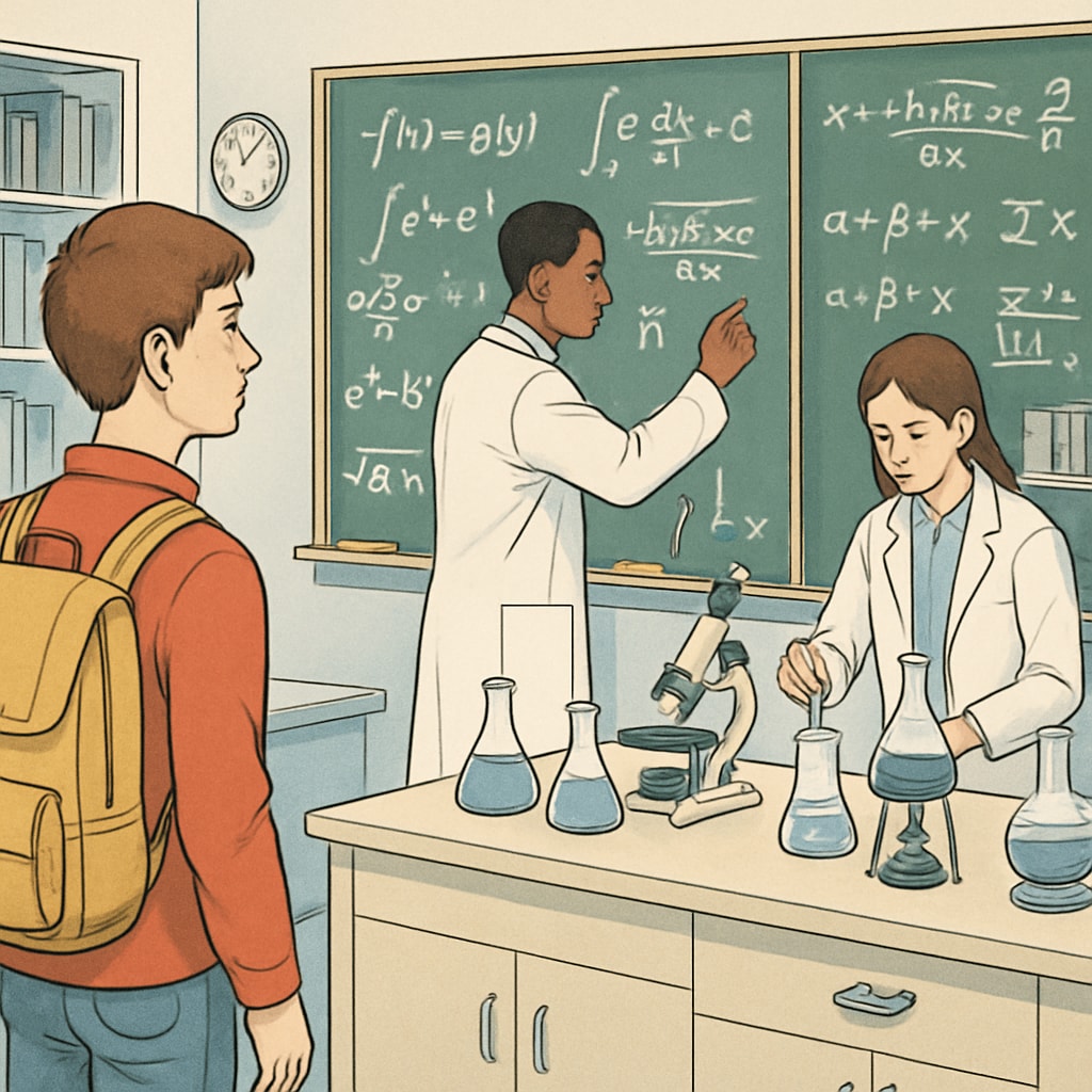 A student visiting a university laboratory to observe ongoing mathematical research, showcasing the importance of practical experience in major selection. Student observing university research projects related to mathematics and science.