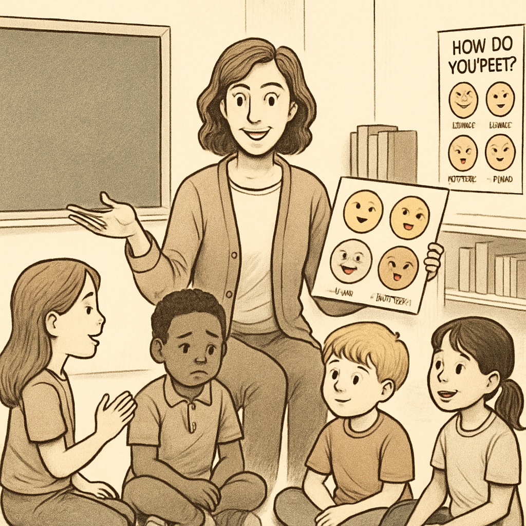 A teacher guiding a group of children through an emotional awareness activity, emphasizing the importance of emotional education. Children learning emotional awareness during a classroom activity, facilitated by a teacher.