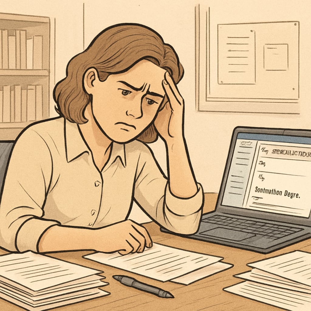 A frustrated parent sitting at a desk surrounded by paperwork, with a laptop showing an email correspondence with the education department. Parent overwhelmed by school transfer bureaucracy for their SEN child.