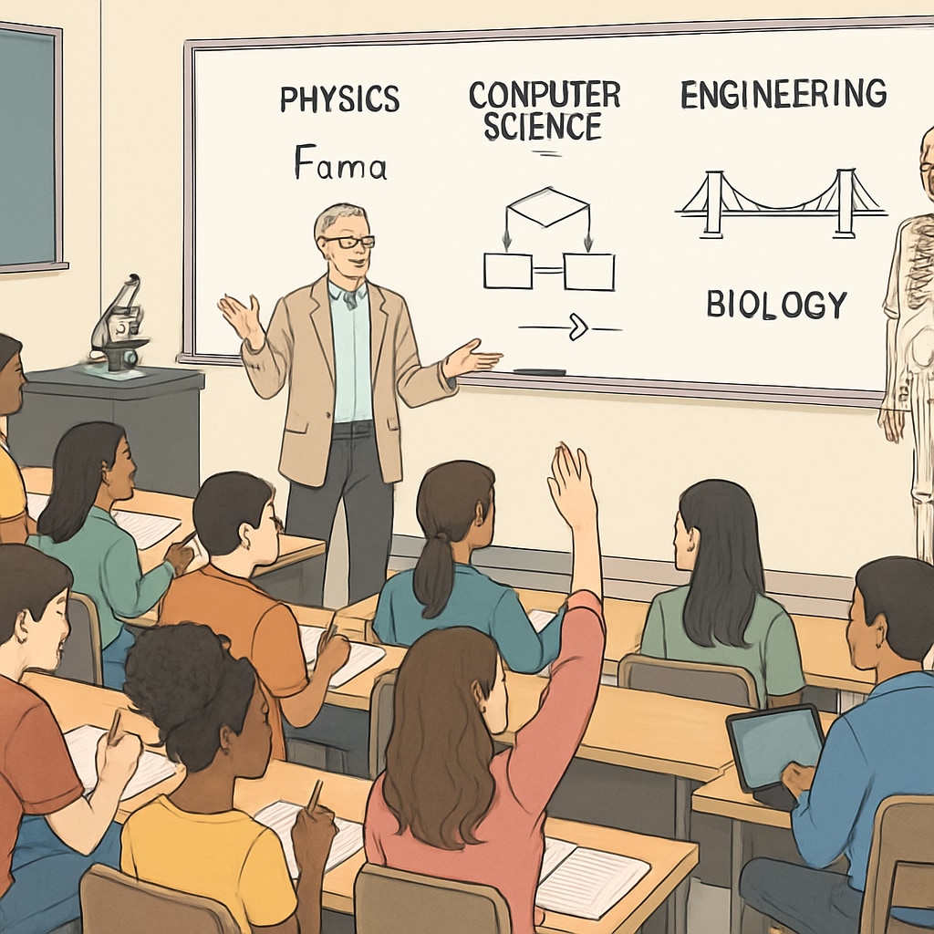 A university classroom filled with students engaged in a STEM lecture, highlighting the diversity of college programs available. University students attending a STEM lecture, showcasing options for math and science majors.