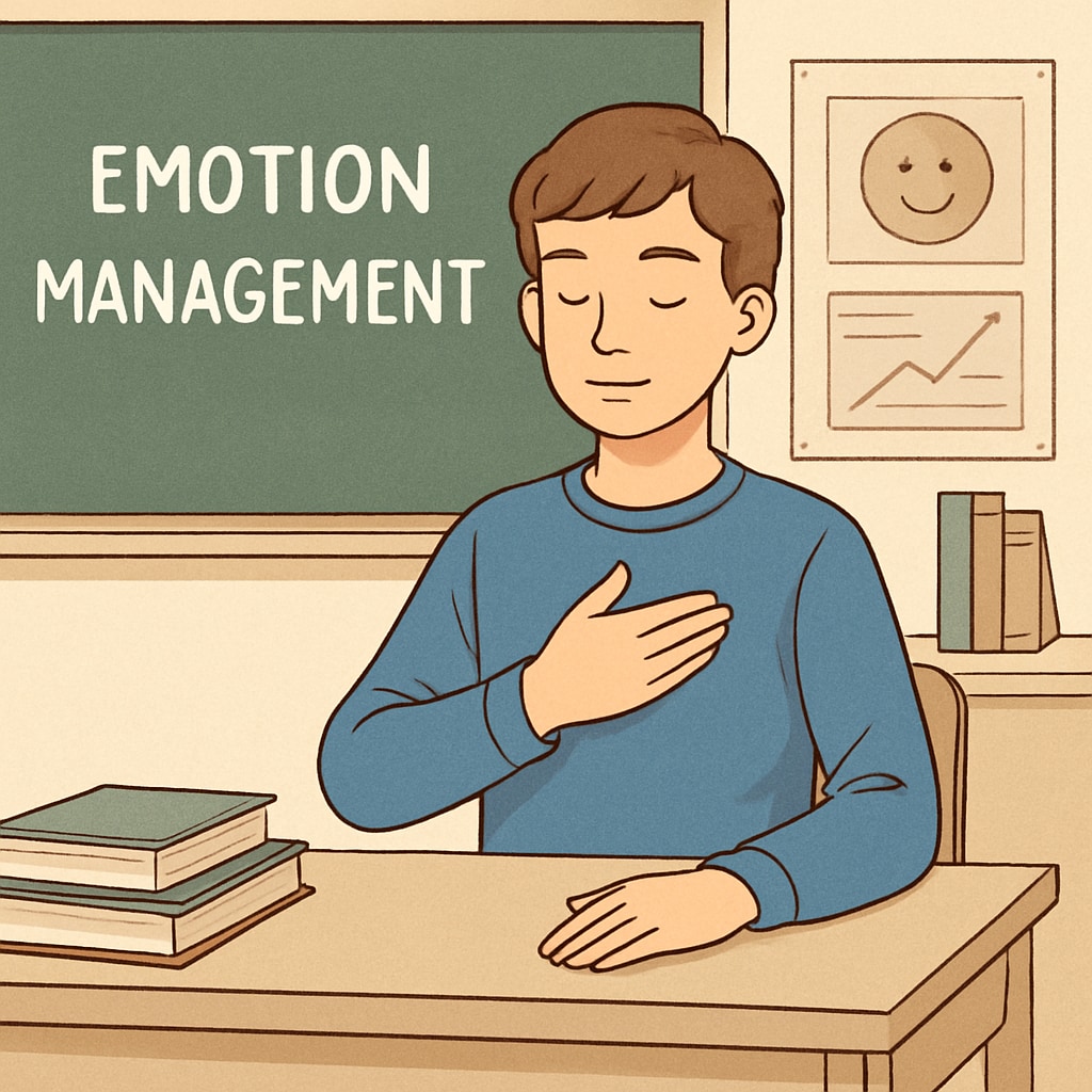 A student practicing mindfulness breathing exercises as part of an emotion management lesson. Child practicing mindfulness techniques to manage emotions effectively.