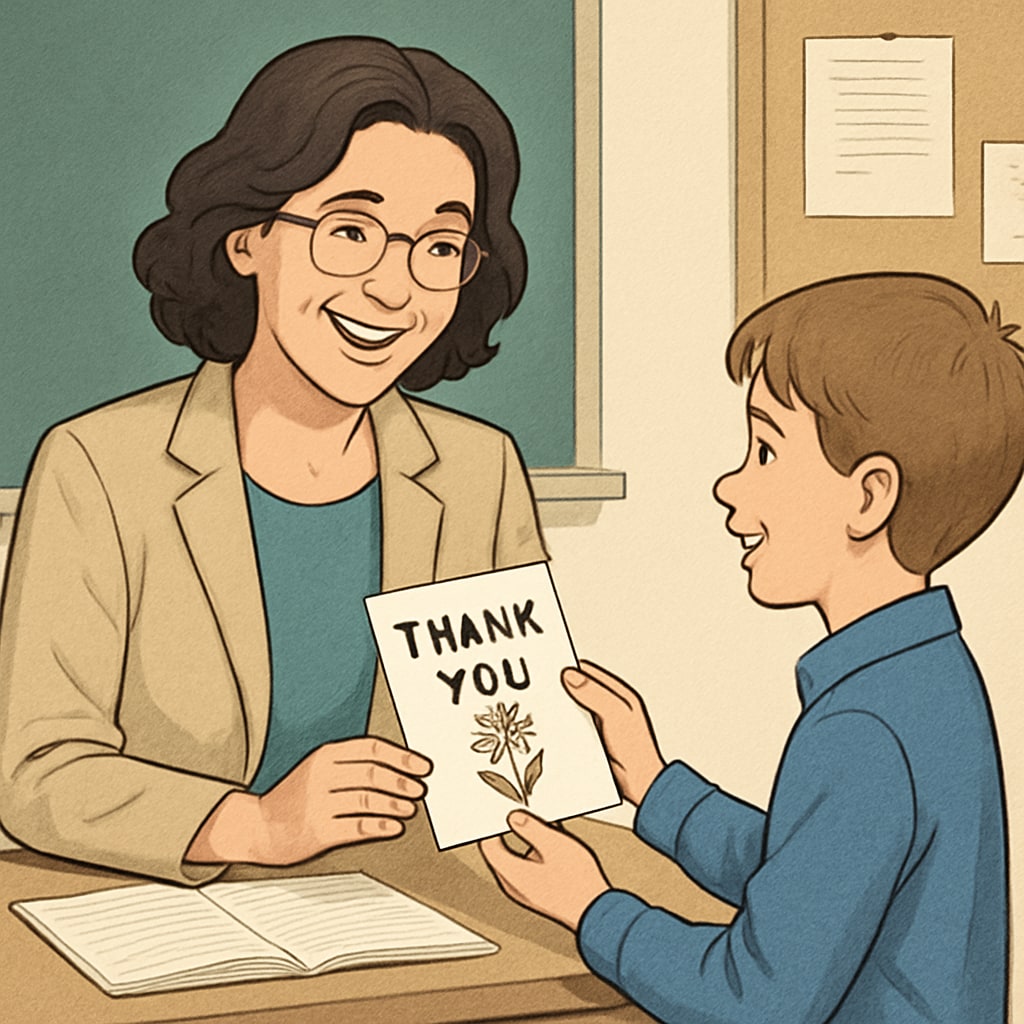 A teacher smiling as a student hands them a thank-you card, symbolizing appreciation and emotional connection in education. Teacher receiving a thank-you card from a student, symbolizing student gratitude and emotional connection.