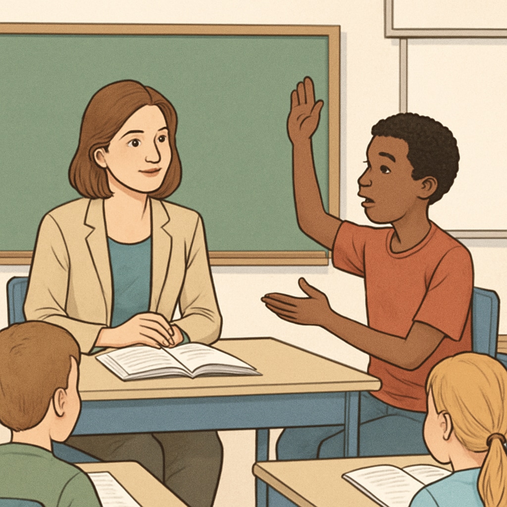 Teacher listening to a student, emphasizing student gratitude and teacher impact.
