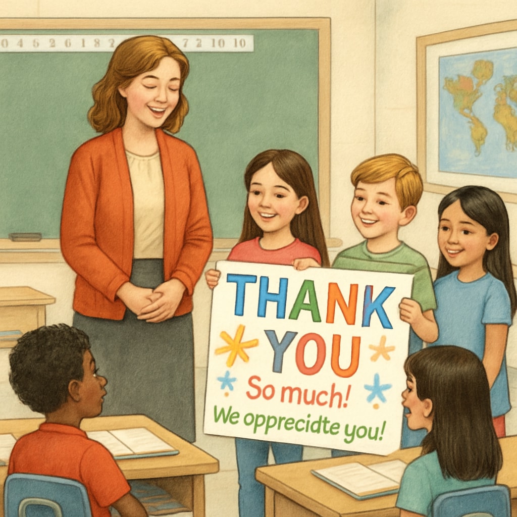 A classroom setting where a group of students is presenting a handmade thank-you poster to their teacher, illustrating mutual respect and gratitude. Students presenting a thank-you poster to their teacher, demonstrating teacher-student bonds and appreciation.