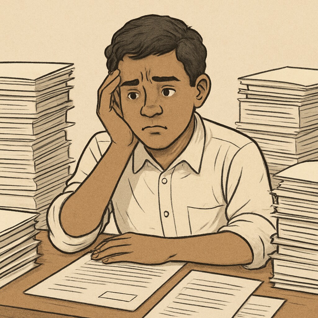 A frustrated student sitting at a desk surrounded by paperwork, representing the financial and bureaucratic challenges faced by migrant students. Student surrounded by paperwork, symbolizing financial challenges for migrants at Oxford University.