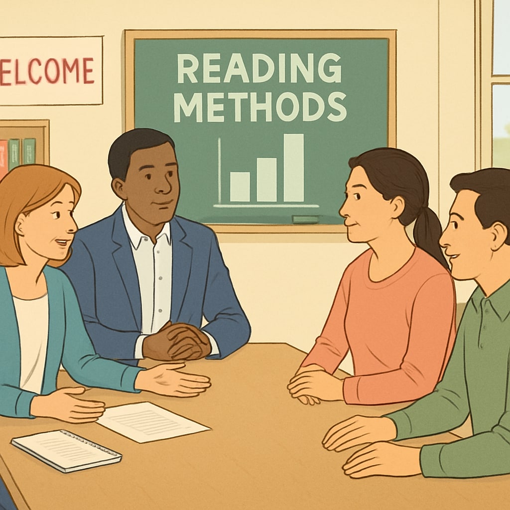 An educational meeting between teachers and parents discussing reading methods. Teachers and parents in conversation about reading strategies.
