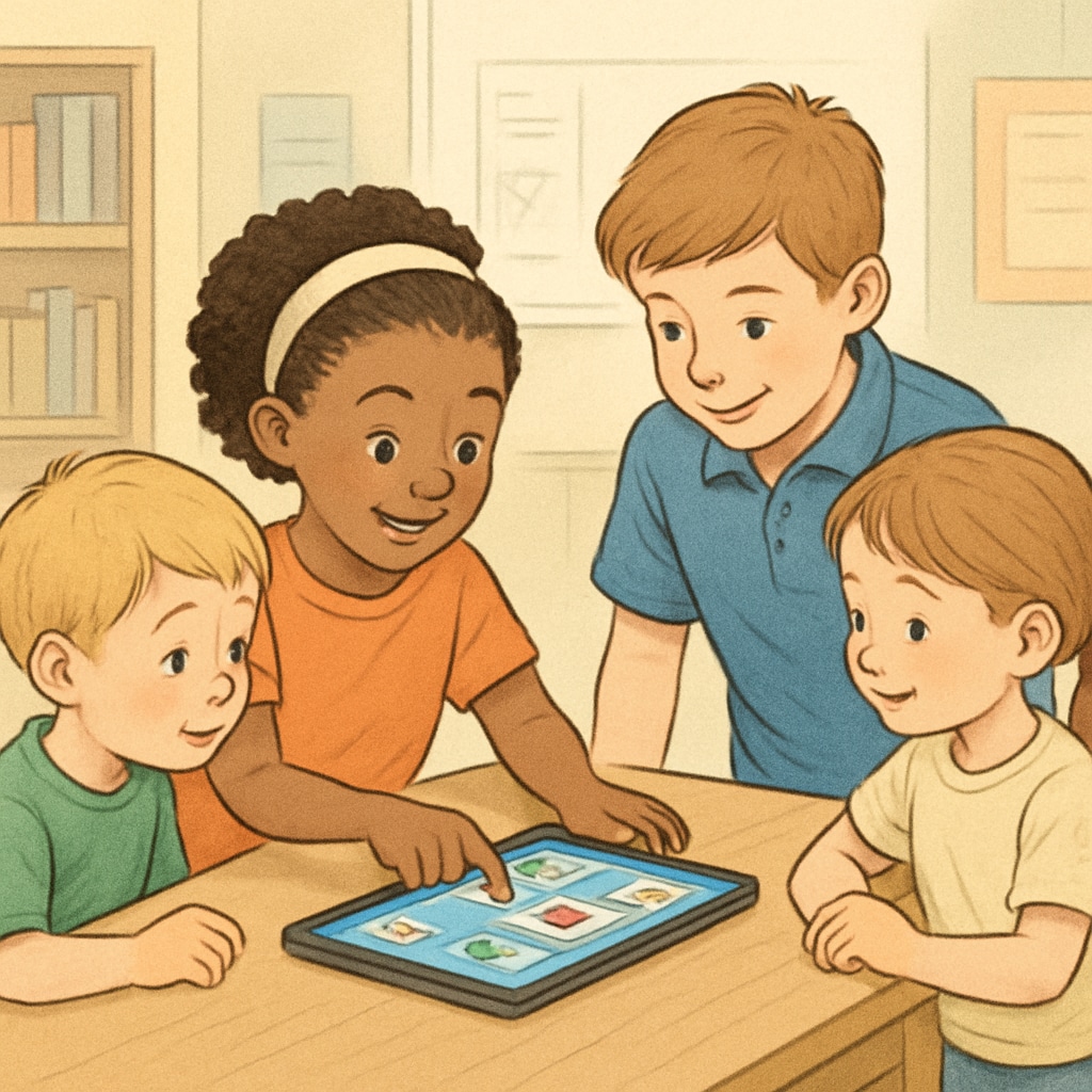 Students participating in cross-age learning through a computer activity.