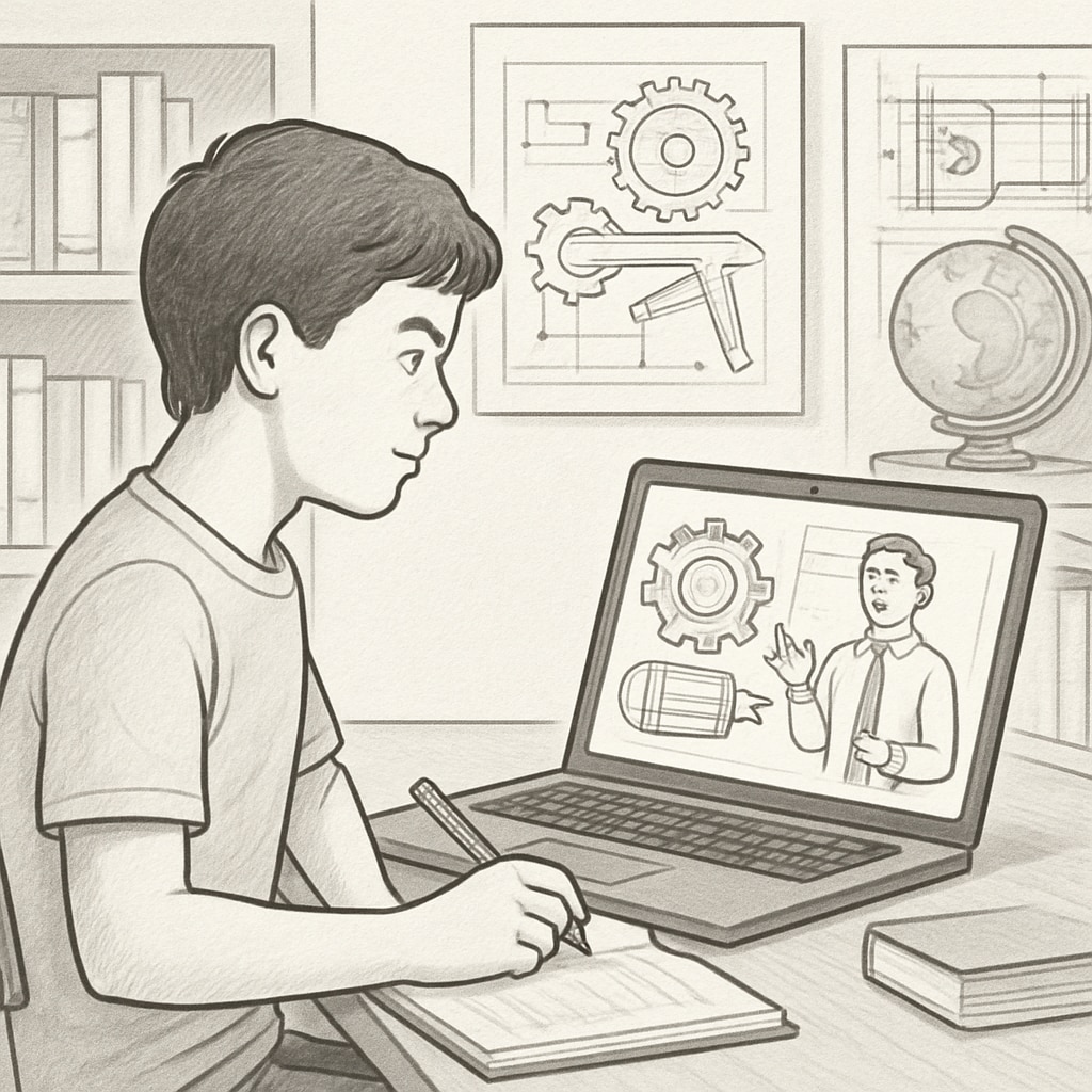A high school student engaging in an online mechanical engineering program, representing the intersection of K12 education and online degrees. High school student in an online program for mechanical engineering.