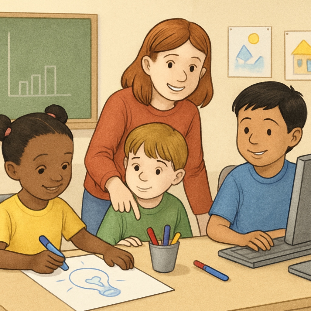 A group of kindergarten and fourth-grade students collaborating on a creative project, with a computer visible as part of the activity. Kindergarten and fourth-grade students collaborating on a project with a computer.