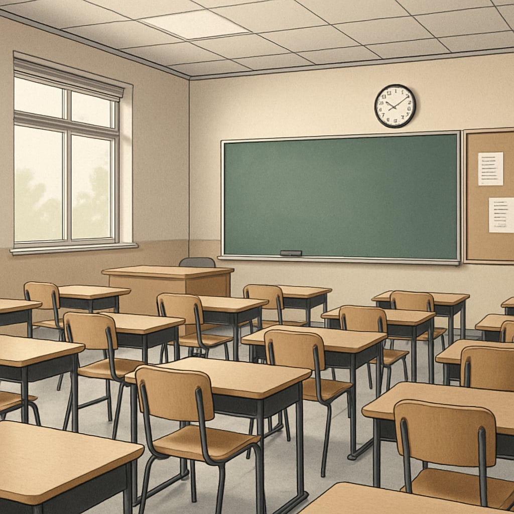 A classroom in a public school with empty desks, symbolizing declining enrollment due to voucher programs. Empty desks in a public school classroom showing effects of education voucher programs.