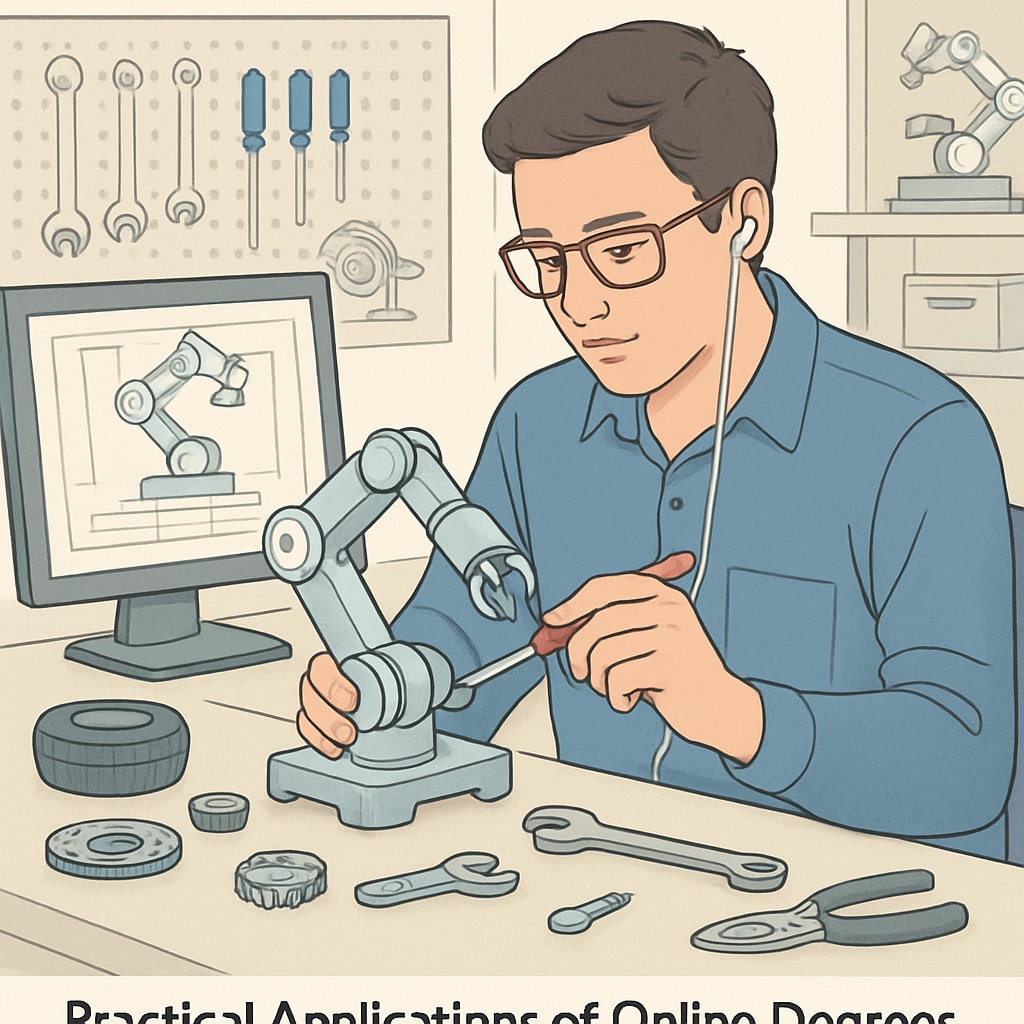 A mechanical engineering student working on a robotics project, illustrating the practical applications of online degrees. Mechanical engineering student working on robotics.