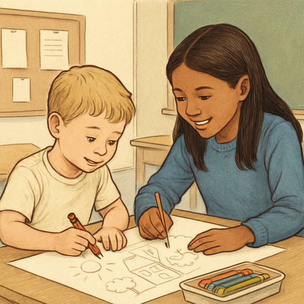 Kindergarten and fourth-grade students working together on a drawing, with clear interaction and teamwork. Kindergarten and fourth-grade students working together on a drawing.
