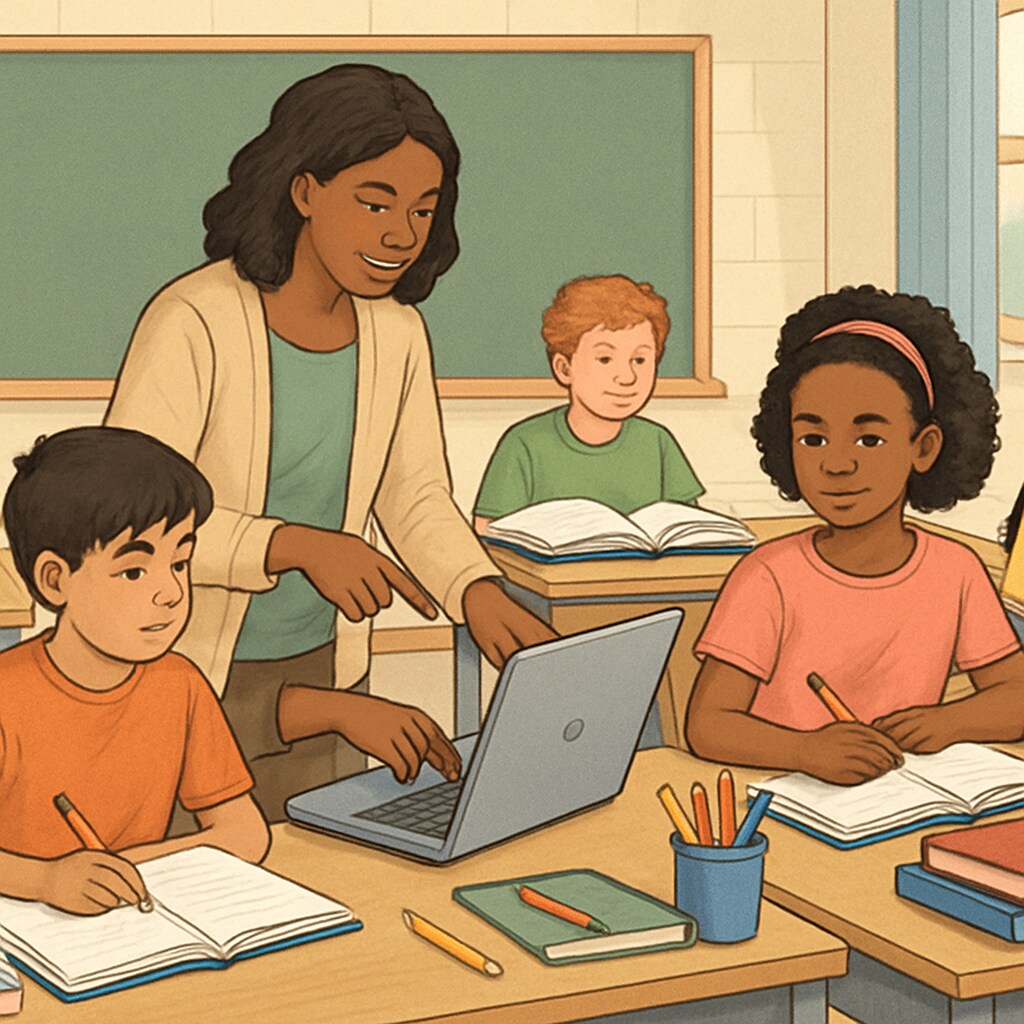 A diverse group of students in a public school classroom, emphasizing the importance of equitable resource distribution. Students in a public school classroom highlighting equity in education funding.
