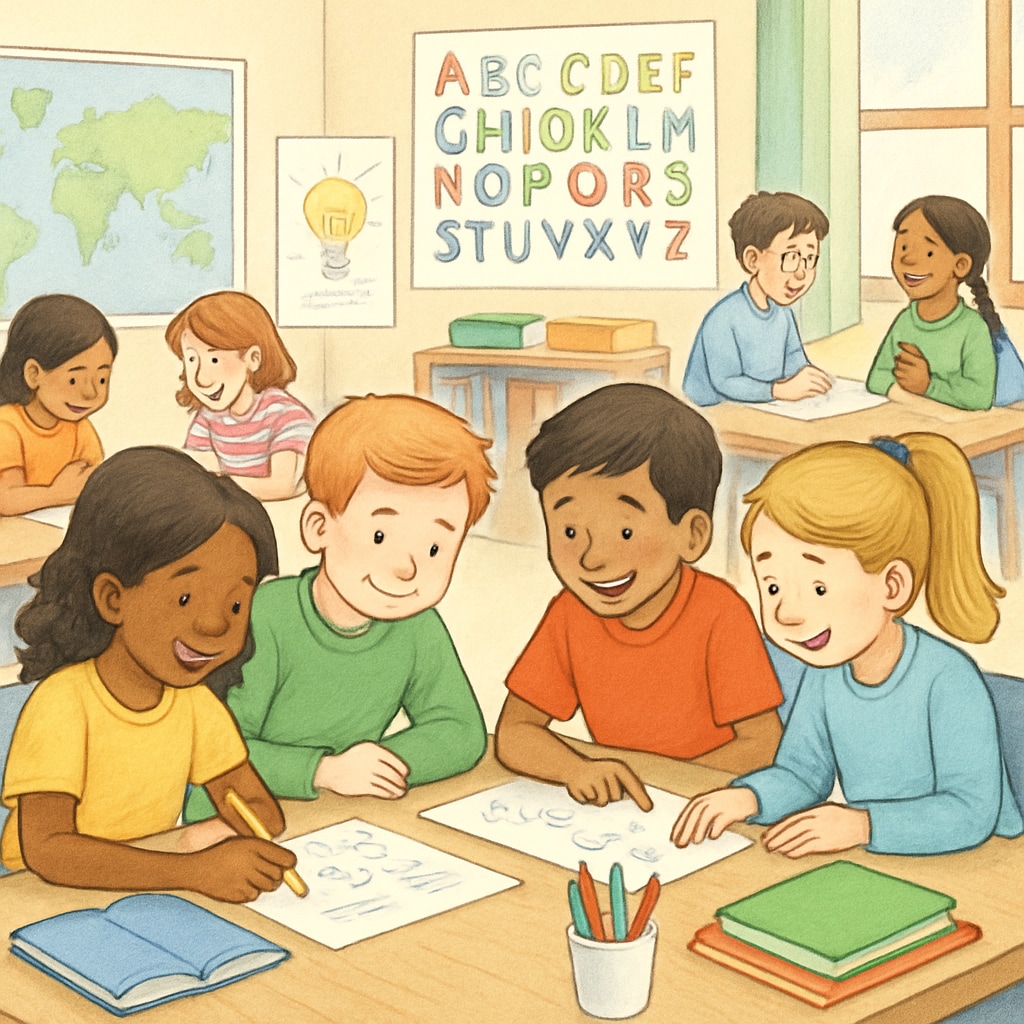 A classroom setting with students engaging in group activities, highlighting inclusivity and diverse talents. Students working together in a classroom, emphasizing diverse abilities and collaboration.