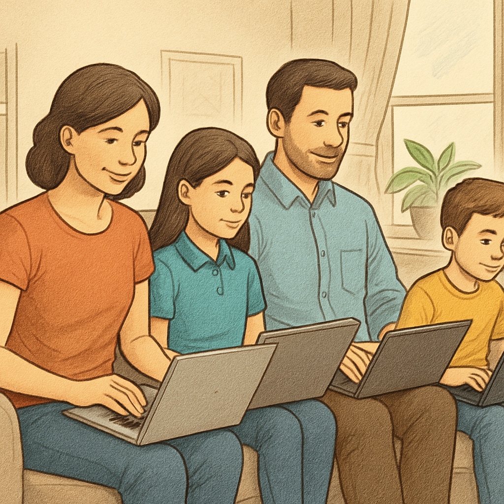 Online public education flexibility with a family using laptops at home.