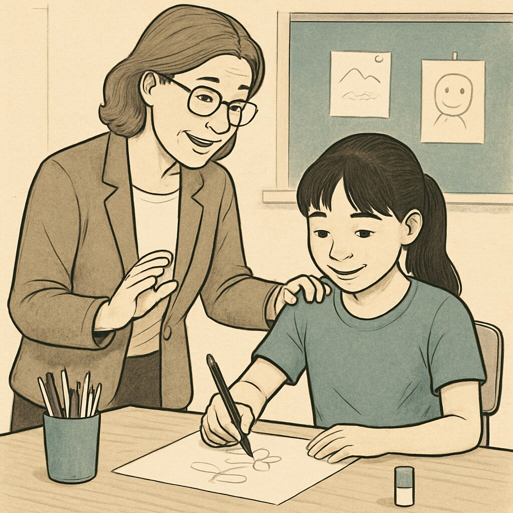 A teacher encouraging a student during a creative activity, promoting a growth mindset. Teacher supporting a student during a creative task, highlighting the importance of effort and exploration.