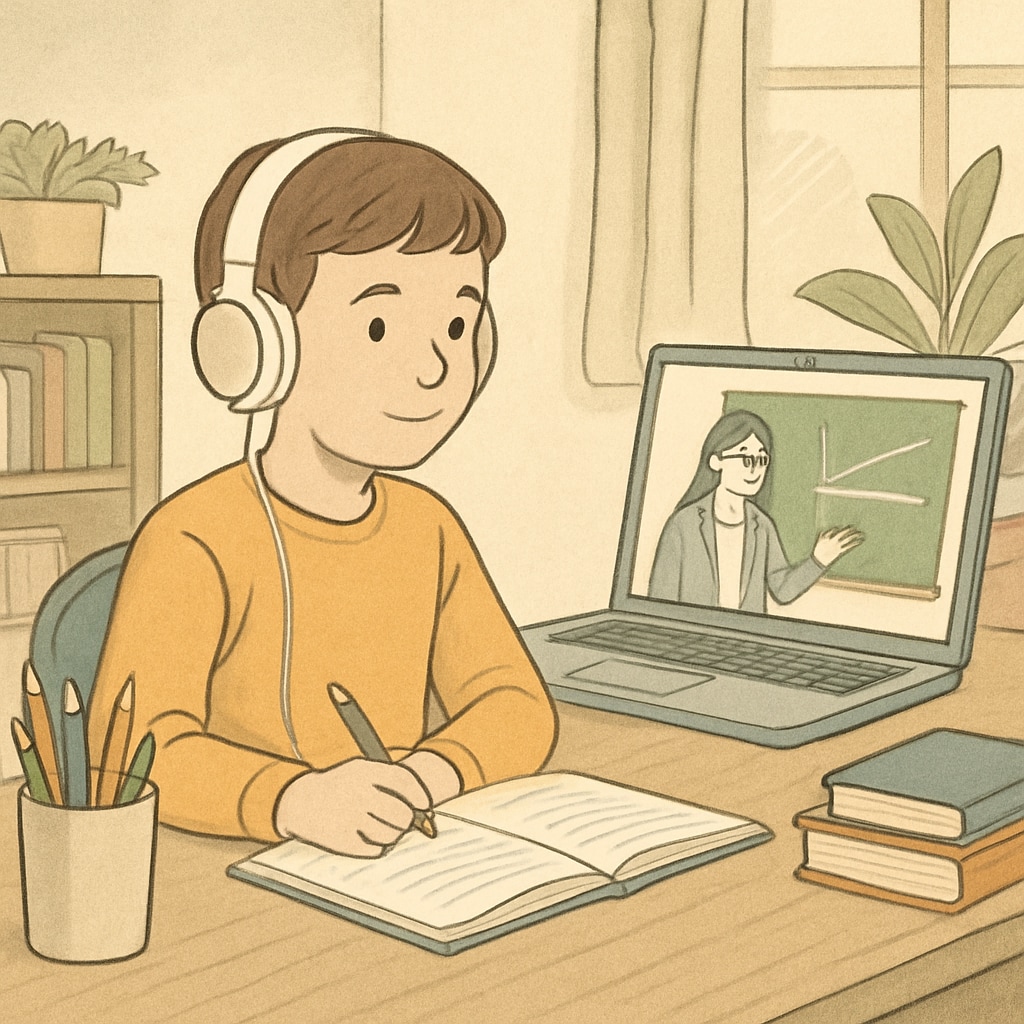 A student attending an online public school class in a safe environment.