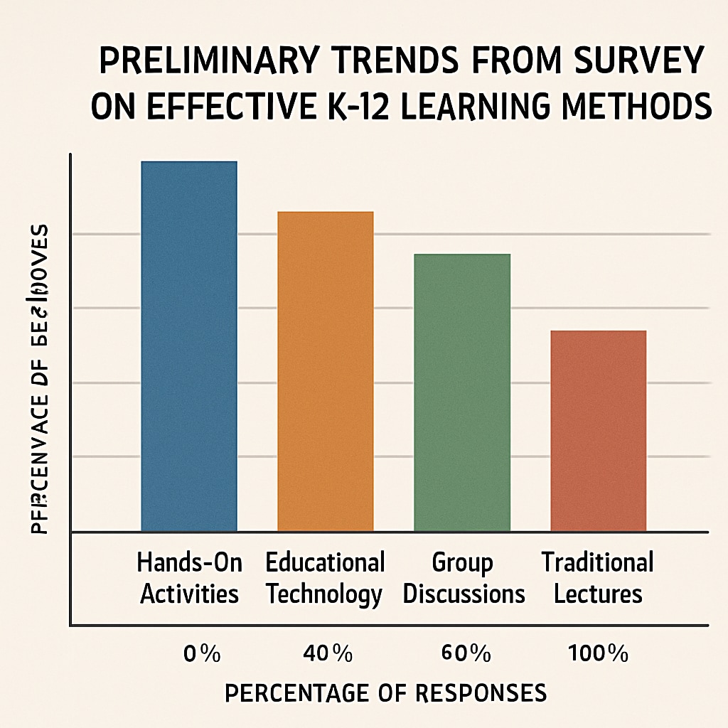 A graph showcasing preliminary trends from the survey responses on effective K12 learning methods. Graph showing trends from survey responses on K12 learning methods.