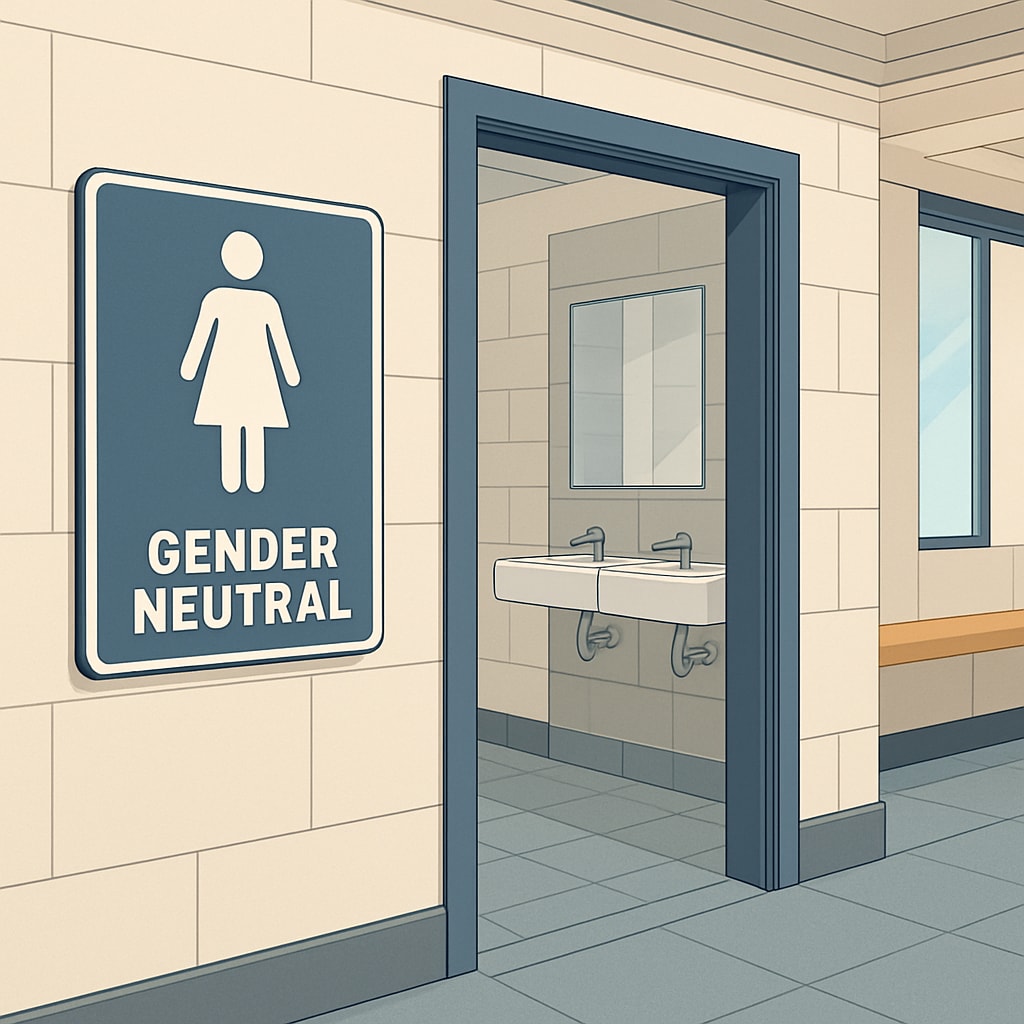 A modern university campus restroom with gender-neutral signage, reflecting inclusivity in higher education. Gender-neutral restroom at Brown University highlighting inclusivity policies.