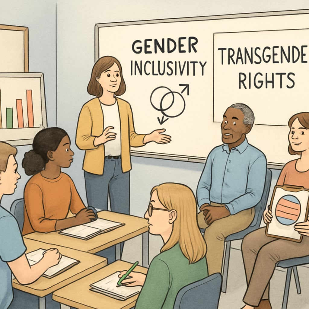 A classroom setting where students and faculty participate in a workshop about gender inclusivity and transgender rights. Gender inclusivity workshop at Brown University with students and faculty.