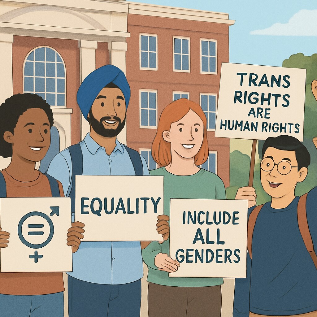 A group of students protesting for gender inclusivity on a university campus. University students holding signs and protesting for gender inclusivity on campus.