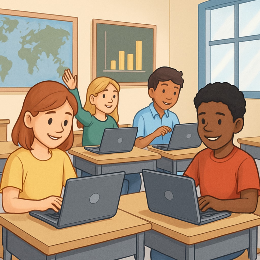 Students using Chromebooks in a classroom, balancing educational technology and engagement.