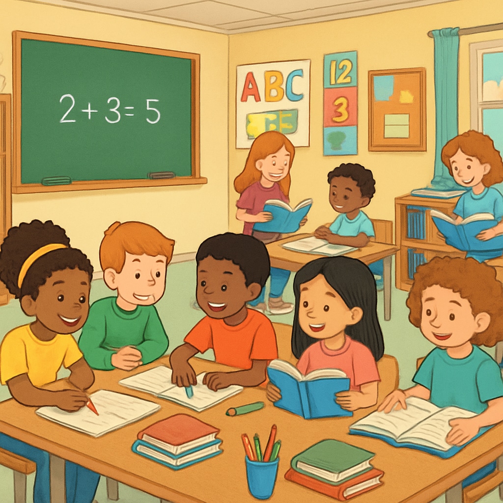 Elementary school classroom environment with students and teachers.