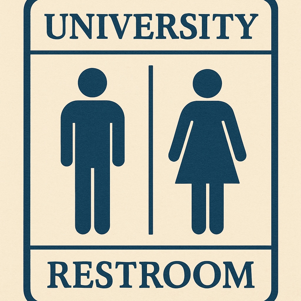 A photo of a university restroom sign, illustrating the traditional male and female symbols, to reflect the binary gender policy. Restroom sign with male and female symbols, representing the binary gender policy.