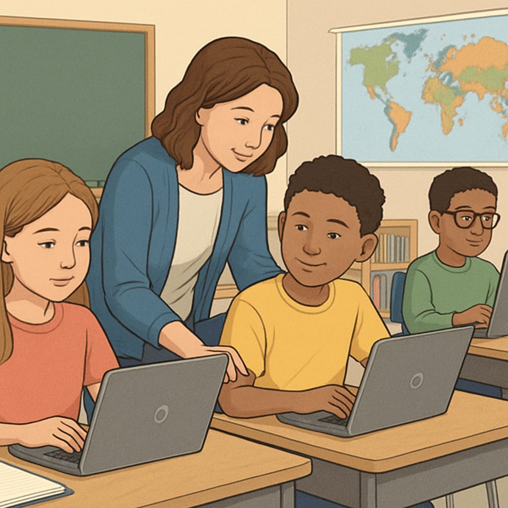 A classroom of students using Chromebooks, with a teacher assisting one child. Students using Chromebooks in a classroom, highlighting education technology's role.