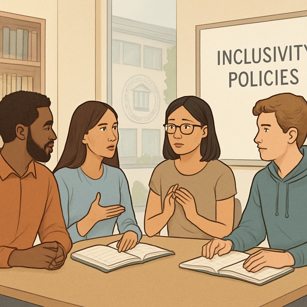 An image of a diverse group of students discussing inclusivity policies in a campus setting. Diverse students in a university setting discussing policies for inclusivity.