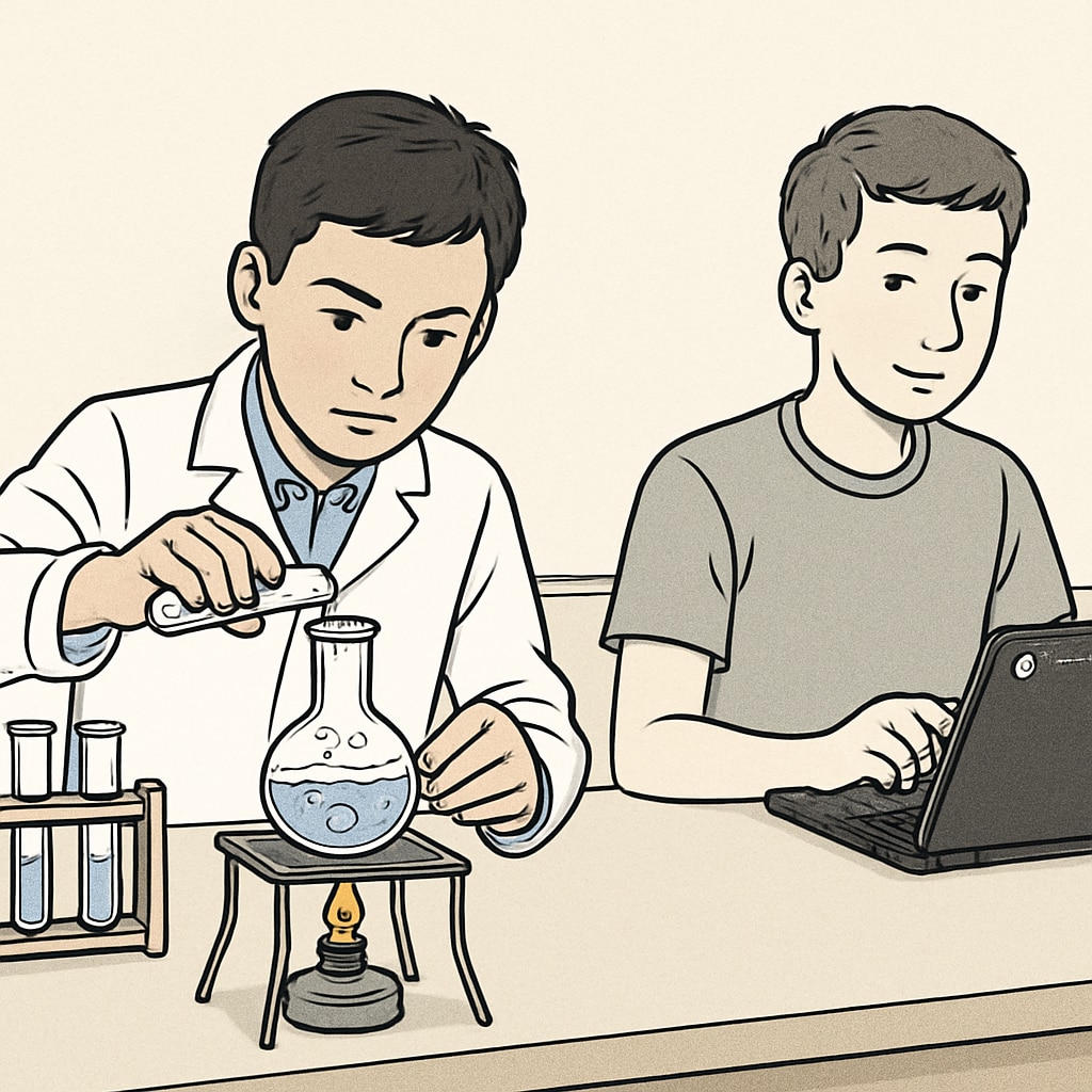 A student deeply engaged in a science experiment, juxtaposed against another scrolling on a Chromebook. A comparison of hands-on learning versus digital learning with Chromebooks.