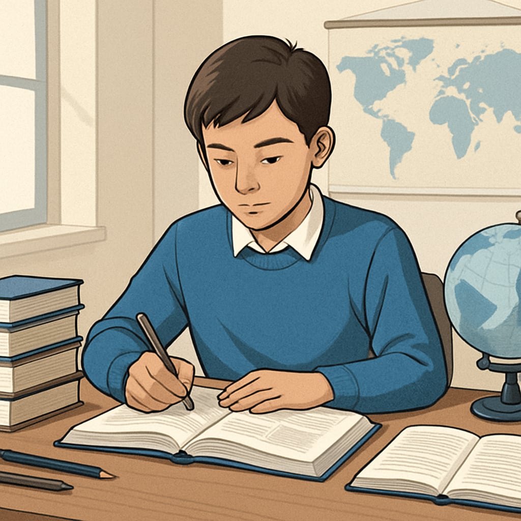 A student working diligently on academic coursework in a well-lit study environment, symbolizing preparation for international education. Academic preparation for international education