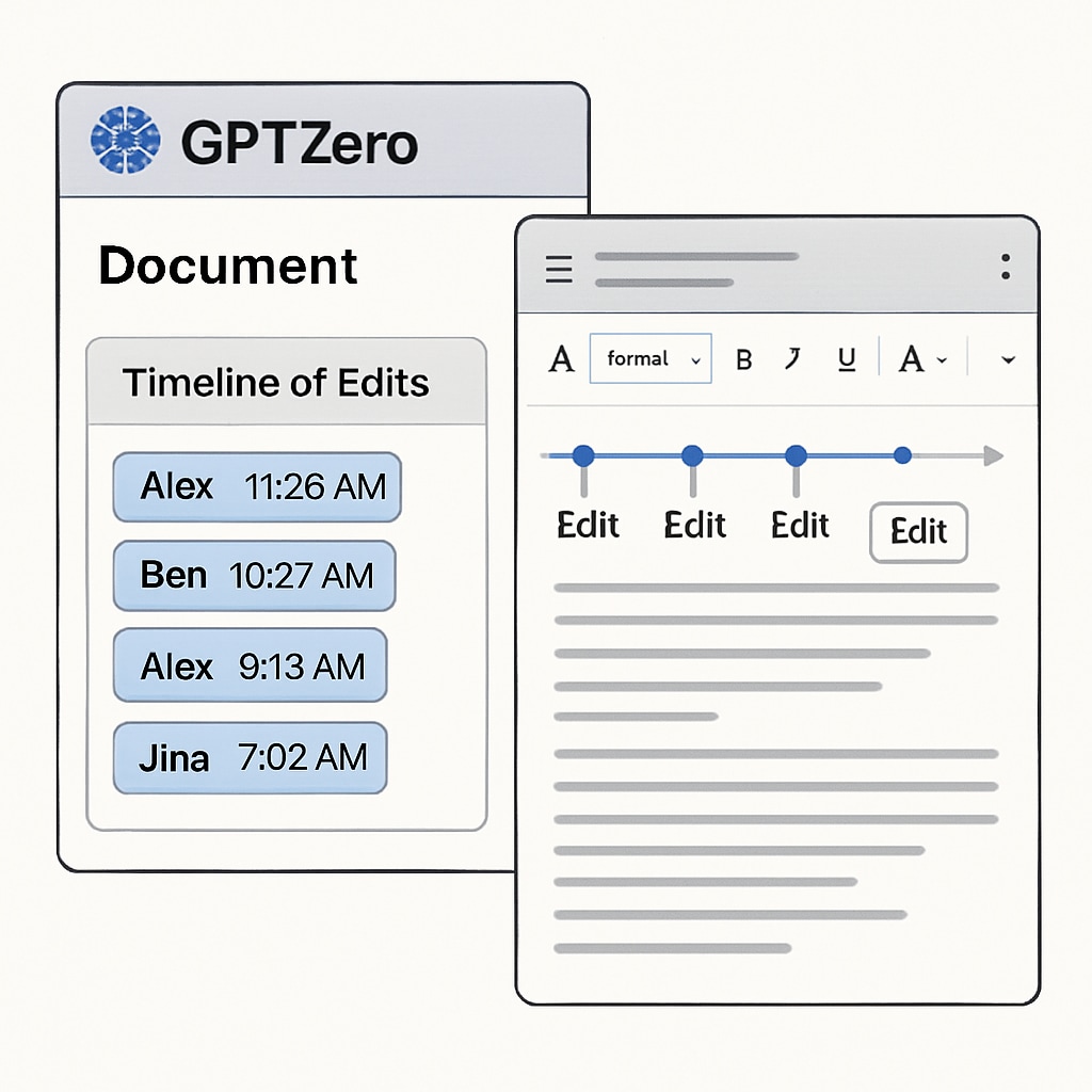 A screenshot of GPTZero's interface showing a timeline of edits in Google Docs. GPTZero timeline feature for monitoring student writing in Google Docs.