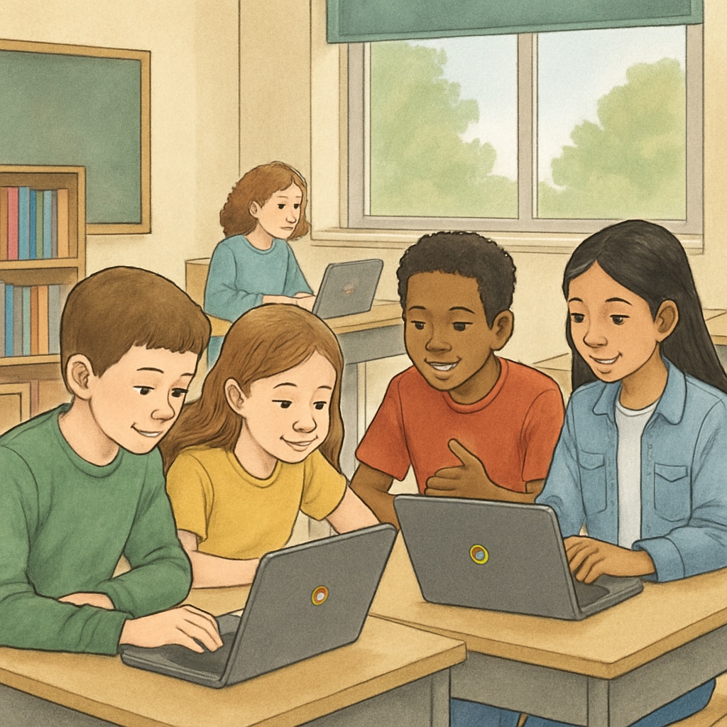 Students using Chromebooks in class to collaborate and learn, emphasizing education technology.