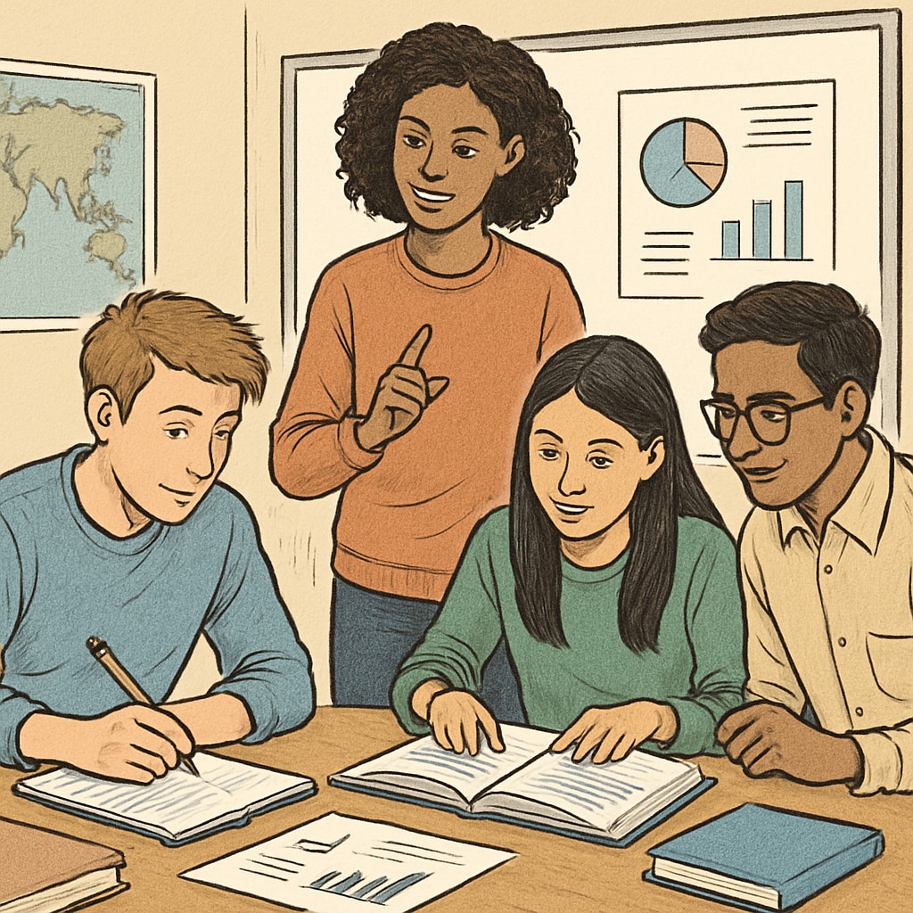 A group of students engaged in a collaborative project, emphasizing teamwork and leadership skills essential for future international education success. Building teamwork and leadership skills for international education